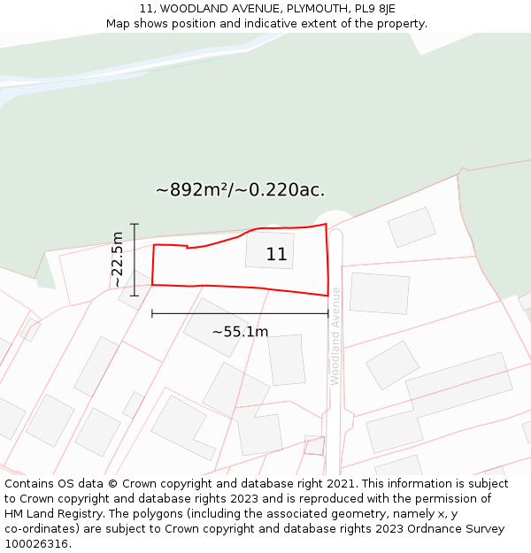 11, WOODLAND AVENUE, PLYMOUTH, PL9 8JE: Plot and title map