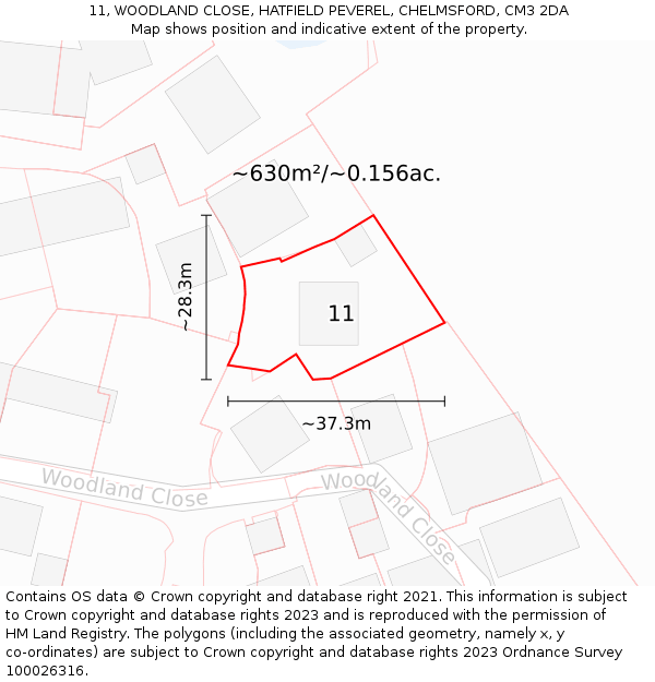 11, WOODLAND CLOSE, HATFIELD PEVEREL, CHELMSFORD, CM3 2DA: Plot and title map