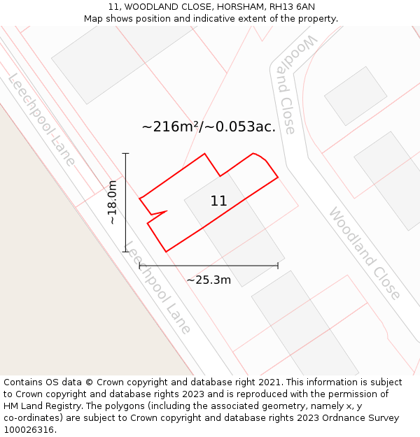 11, WOODLAND CLOSE, HORSHAM, RH13 6AN: Plot and title map