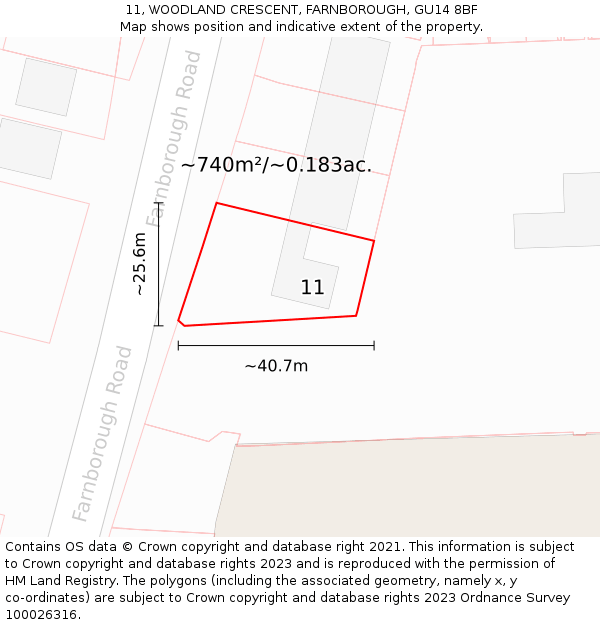 11, WOODLAND CRESCENT, FARNBOROUGH, GU14 8BF: Plot and title map