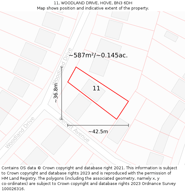 11, WOODLAND DRIVE, HOVE, BN3 6DH: Plot and title map