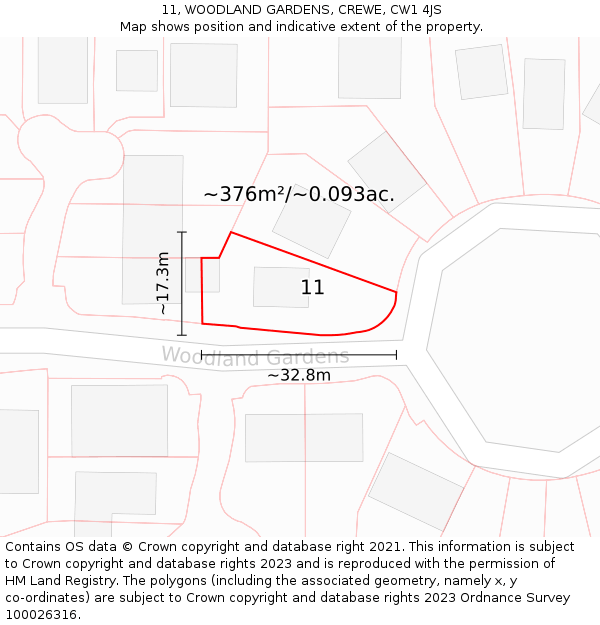 11, WOODLAND GARDENS, CREWE, CW1 4JS: Plot and title map