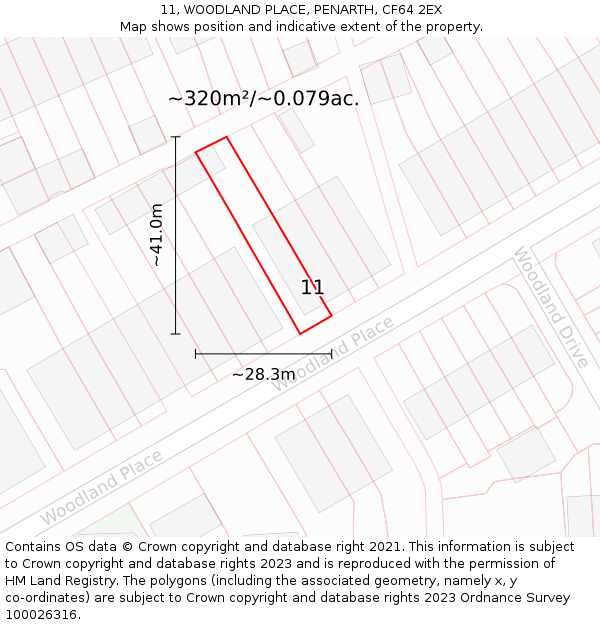 11, WOODLAND PLACE, PENARTH, CF64 2EX: Plot and title map