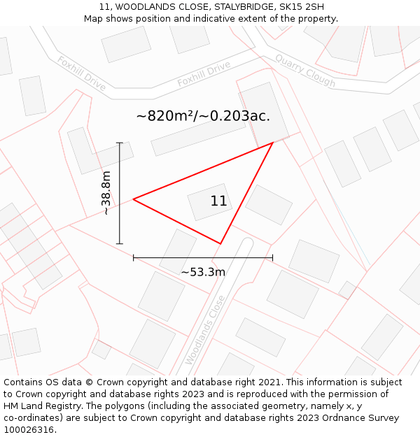 11, WOODLANDS CLOSE, STALYBRIDGE, SK15 2SH: Plot and title map