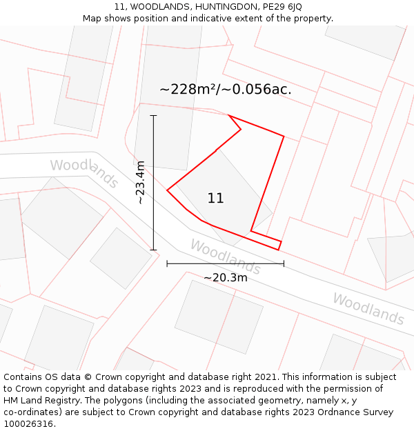 11, WOODLANDS, HUNTINGDON, PE29 6JQ: Plot and title map