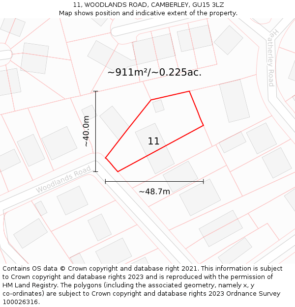 11, WOODLANDS ROAD, CAMBERLEY, GU15 3LZ: Plot and title map