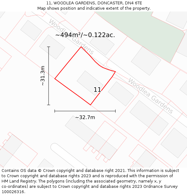 11, WOODLEA GARDENS, DONCASTER, DN4 6TE: Plot and title map