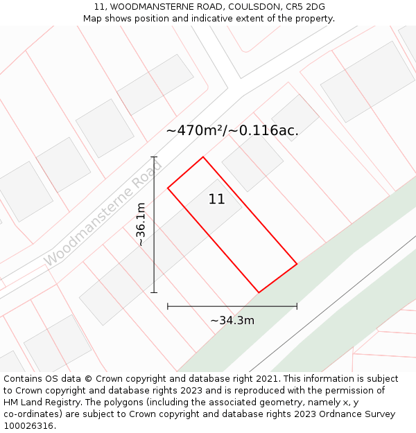 11, WOODMANSTERNE ROAD, COULSDON, CR5 2DG: Plot and title map