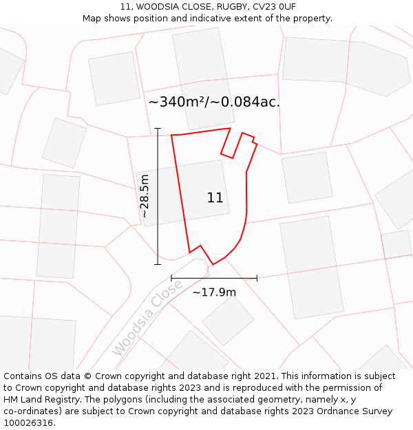 11, WOODSIA CLOSE, RUGBY, CV23 0UF: Plot and title map