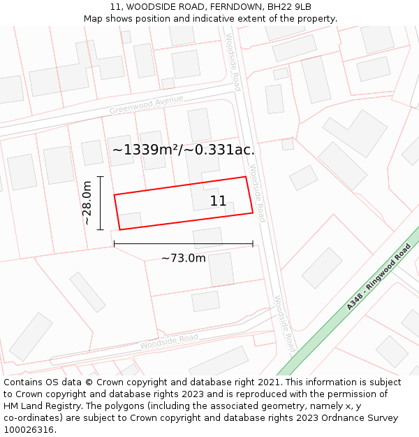 11, WOODSIDE ROAD, FERNDOWN, BH22 9LB: Plot and title map