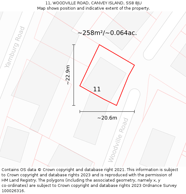 11, WOODVILLE ROAD, CANVEY ISLAND, SS8 8JU: Plot and title map