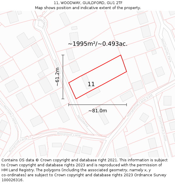 11, WOODWAY, GUILDFORD, GU1 2TF: Plot and title map