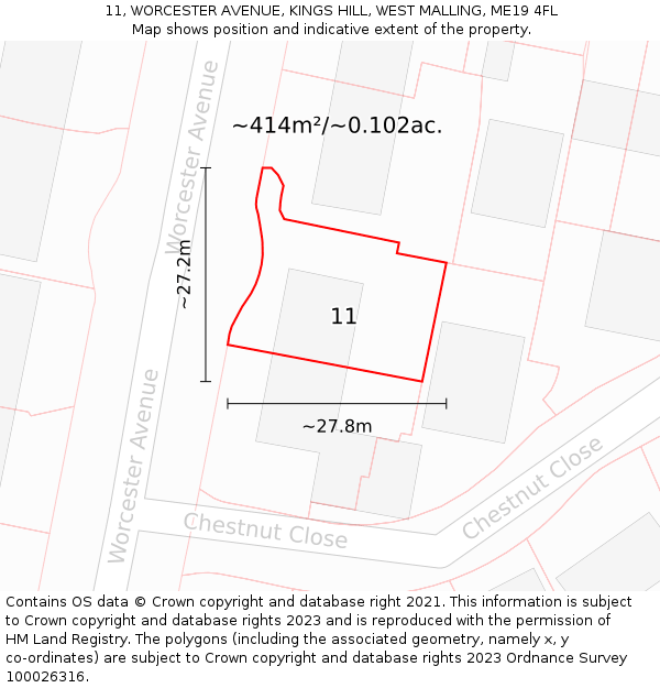 11, WORCESTER AVENUE, KINGS HILL, WEST MALLING, ME19 4FL: Plot and title map