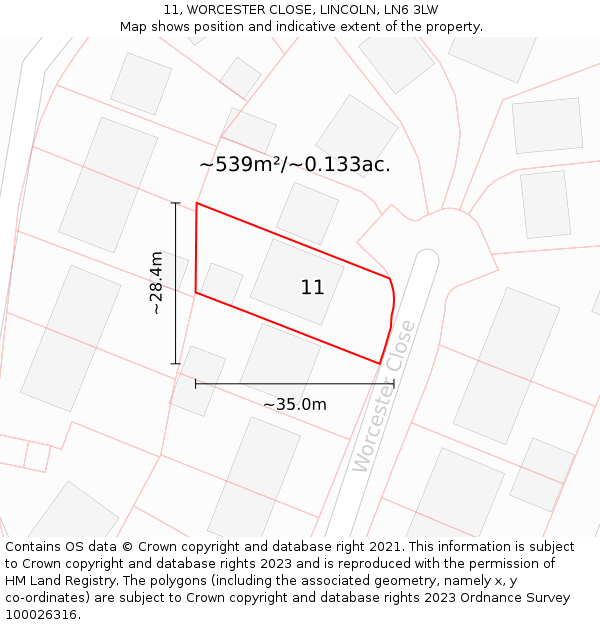 11, WORCESTER CLOSE, LINCOLN, LN6 3LW: Plot and title map