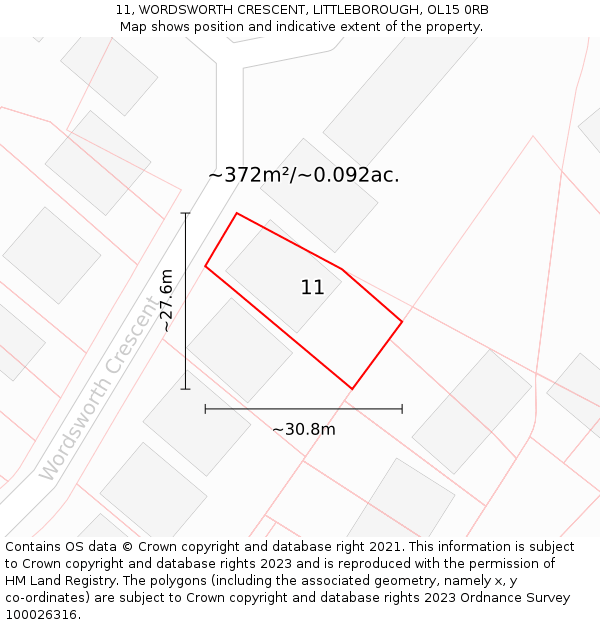 11, WORDSWORTH CRESCENT, LITTLEBOROUGH, OL15 0RB: Plot and title map