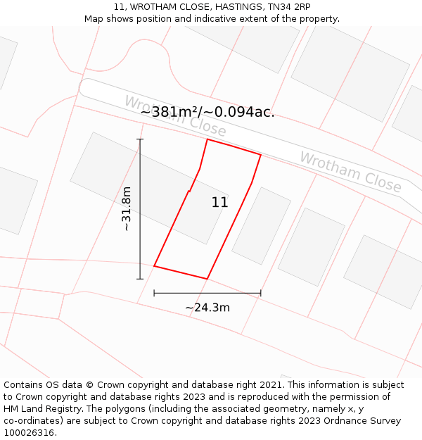 11, WROTHAM CLOSE, HASTINGS, TN34 2RP: Plot and title map