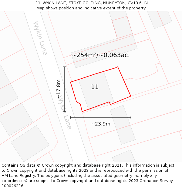 11, WYKIN LANE, STOKE GOLDING, NUNEATON, CV13 6HN: Plot and title map