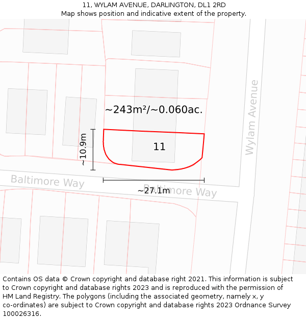 11, WYLAM AVENUE, DARLINGTON, DL1 2RD: Plot and title map