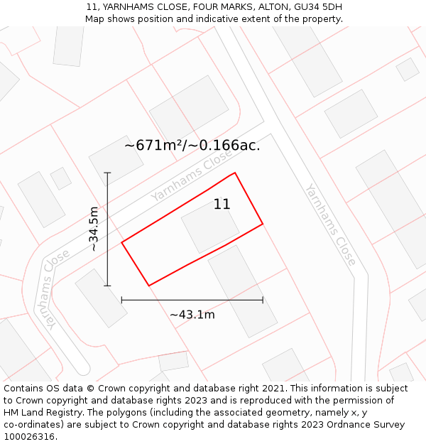 11, YARNHAMS CLOSE, FOUR MARKS, ALTON, GU34 5DH: Plot and title map