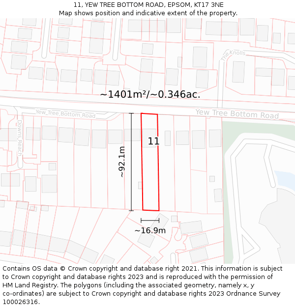 11, YEW TREE BOTTOM ROAD, EPSOM, KT17 3NE: Plot and title map