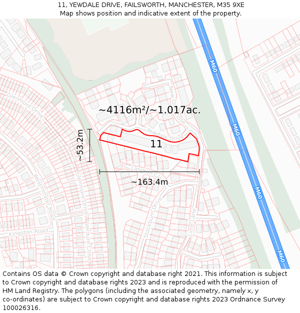 11, YEWDALE DRIVE, FAILSWORTH, MANCHESTER, M35 9XE: Plot and title map