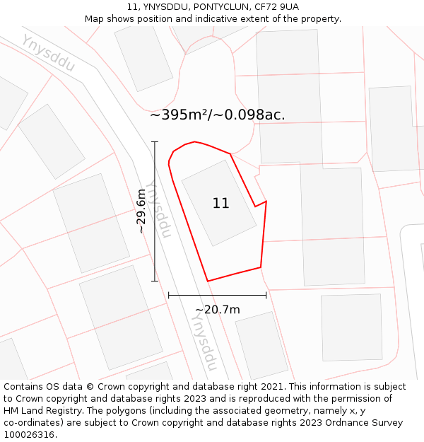 11, YNYSDDU, PONTYCLUN, CF72 9UA: Plot and title map