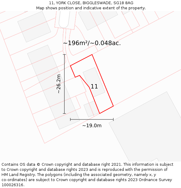 11, YORK CLOSE, BIGGLESWADE, SG18 8AG: Plot and title map