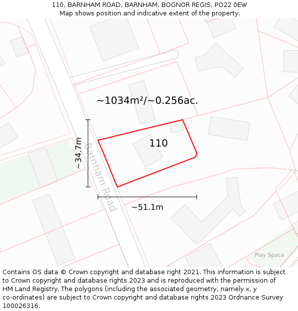 110, BARNHAM ROAD, BARNHAM, BOGNOR REGIS, PO22 0EW: Plot and title map