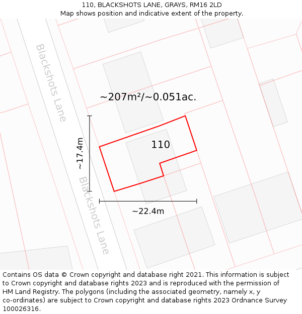 110, BLACKSHOTS LANE, GRAYS, RM16 2LD: Plot and title map