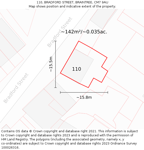 110, BRADFORD STREET, BRAINTREE, CM7 9AU: Plot and title map