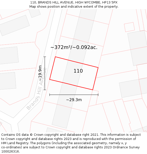 110, BRANDS HILL AVENUE, HIGH WYCOMBE, HP13 5PX: Plot and title map