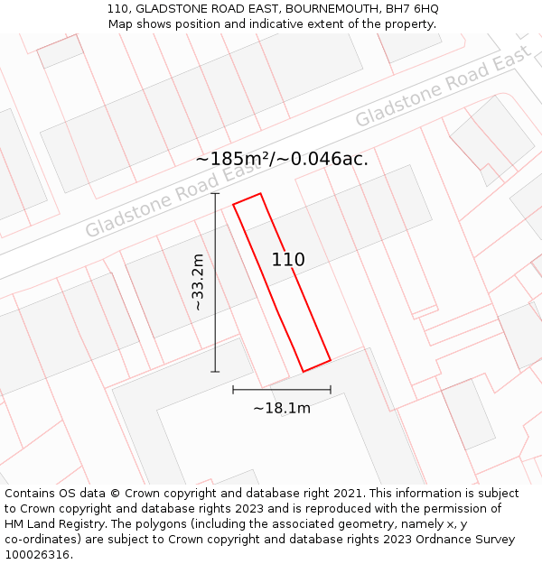 110, GLADSTONE ROAD EAST, BOURNEMOUTH, BH7 6HQ: Plot and title map