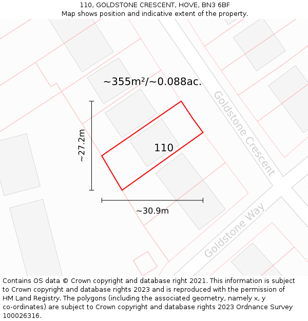 110, GOLDSTONE CRESCENT, HOVE, BN3 6BF: Plot and title map