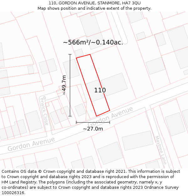 110, GORDON AVENUE, STANMORE, HA7 3QU: Plot and title map