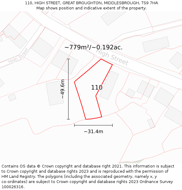 110, HIGH STREET, GREAT BROUGHTON, MIDDLESBROUGH, TS9 7HA: Plot and title map