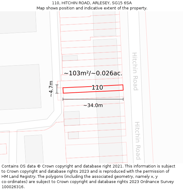 110, HITCHIN ROAD, ARLESEY, SG15 6SA: Plot and title map