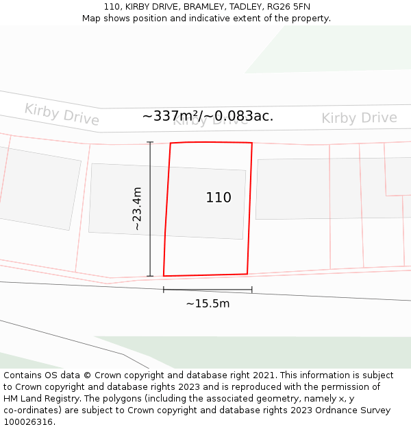 110, KIRBY DRIVE, BRAMLEY, TADLEY, RG26 5FN: Plot and title map