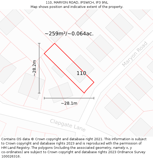 110, MARYON ROAD, IPSWICH, IP3 9NL: Plot and title map