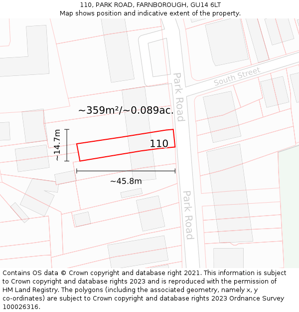 110, PARK ROAD, FARNBOROUGH, GU14 6LT: Plot and title map