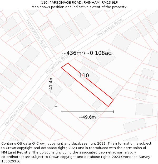 110, PARSONAGE ROAD, RAINHAM, RM13 9LF: Plot and title map