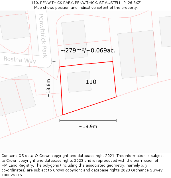 110, PENWITHICK PARK, PENWITHICK, ST AUSTELL, PL26 8XZ: Plot and title map