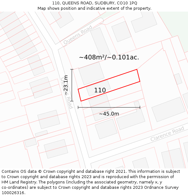 110, QUEENS ROAD, SUDBURY, CO10 1PQ: Plot and title map