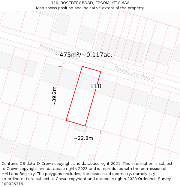 110, ROSEBERY ROAD, EPSOM, KT18 6AA: Plot and title map