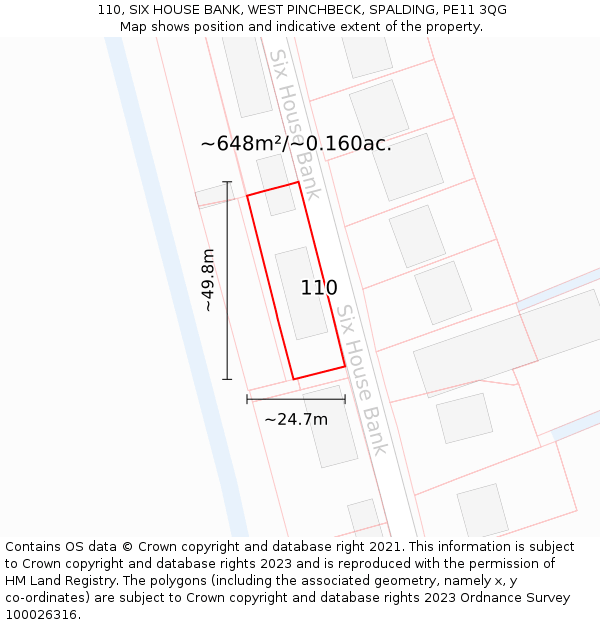 110, SIX HOUSE BANK, WEST PINCHBECK, SPALDING, PE11 3QG: Plot and title map