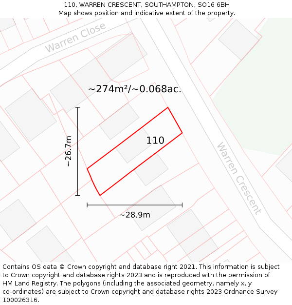 110, WARREN CRESCENT, SOUTHAMPTON, SO16 6BH: Plot and title map