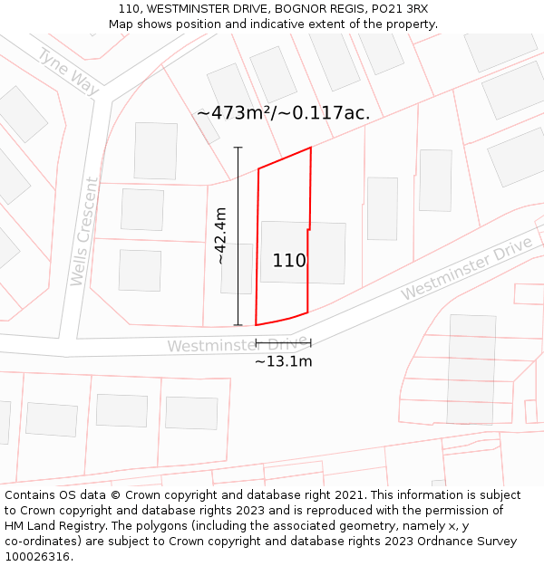 110, WESTMINSTER DRIVE, BOGNOR REGIS, PO21 3RX: Plot and title map