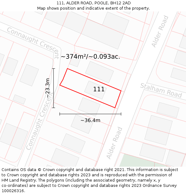 111, ALDER ROAD, POOLE, BH12 2AD: Plot and title map