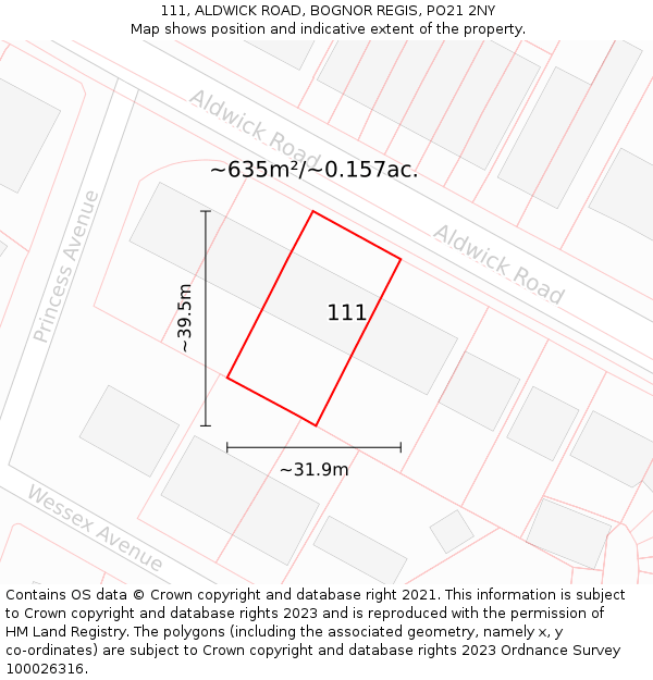 111, ALDWICK ROAD, BOGNOR REGIS, PO21 2NY: Plot and title map