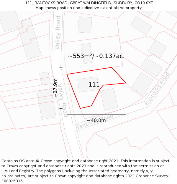 111, BANTOCKS ROAD, GREAT WALDINGFIELD, SUDBURY, CO10 0XT: Plot and title map