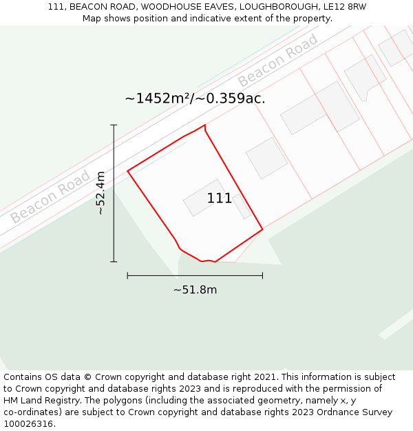 111, BEACON ROAD, WOODHOUSE EAVES, LOUGHBOROUGH, LE12 8RW: Plot and title map